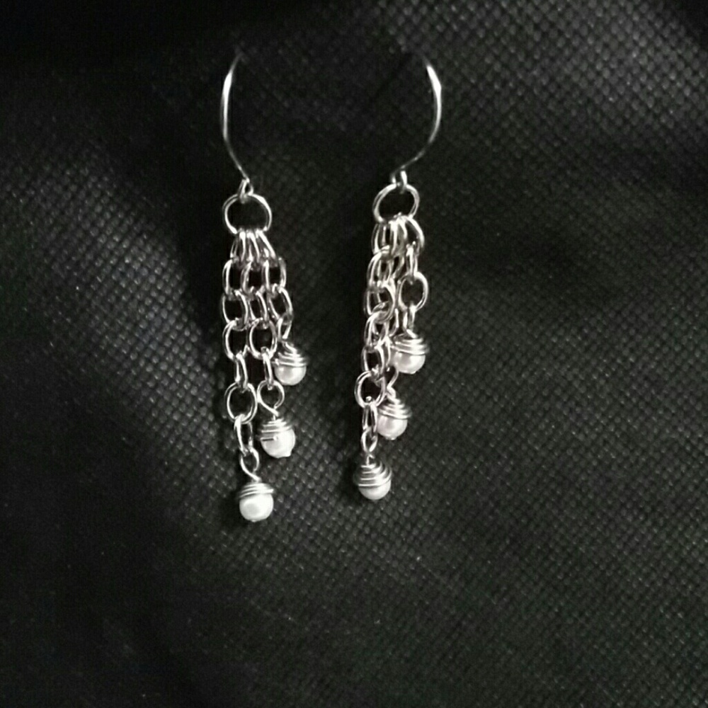 Handmade pearl and silver chain earrings